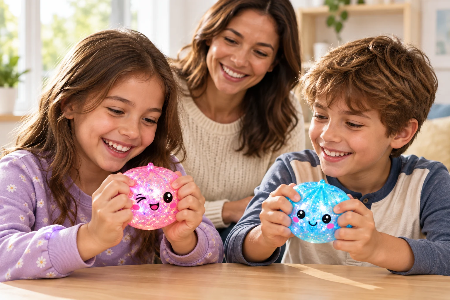 Cena ilustrativa de duas crianças com squishies rosa e azul, acompanhadas por um adulto